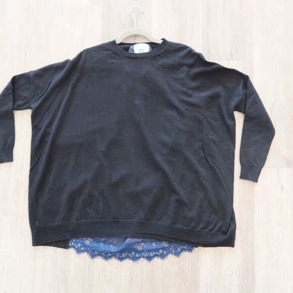 SEMICOUTURE 100% wool sweater Italy black blue lace oversize M mature quiet lux - Picture 5 of 9